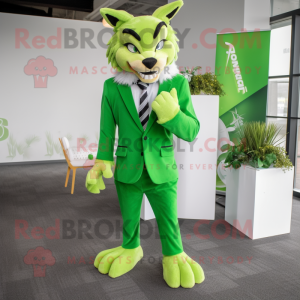 Lime Green Lynx mascot costume character dressed with a Blazer and Clutch bags