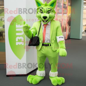 Lime Green Lynx mascot costume character dressed with a Blazer and Clutch bags