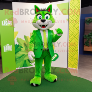 Lime Green Lynx mascot costume character dressed with a Blazer and Clutch bags