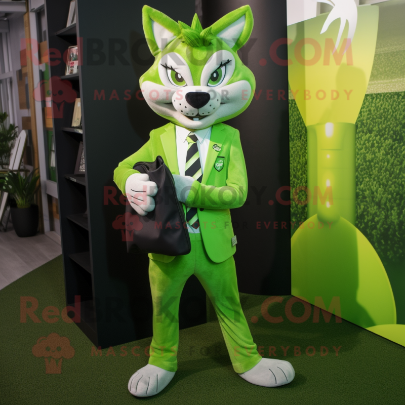 Lime Green Lynx mascot costume character dressed with a Blazer and Clutch bags Lime Green Lynx mascot costume character dressed with a Blazer and Clutch bags