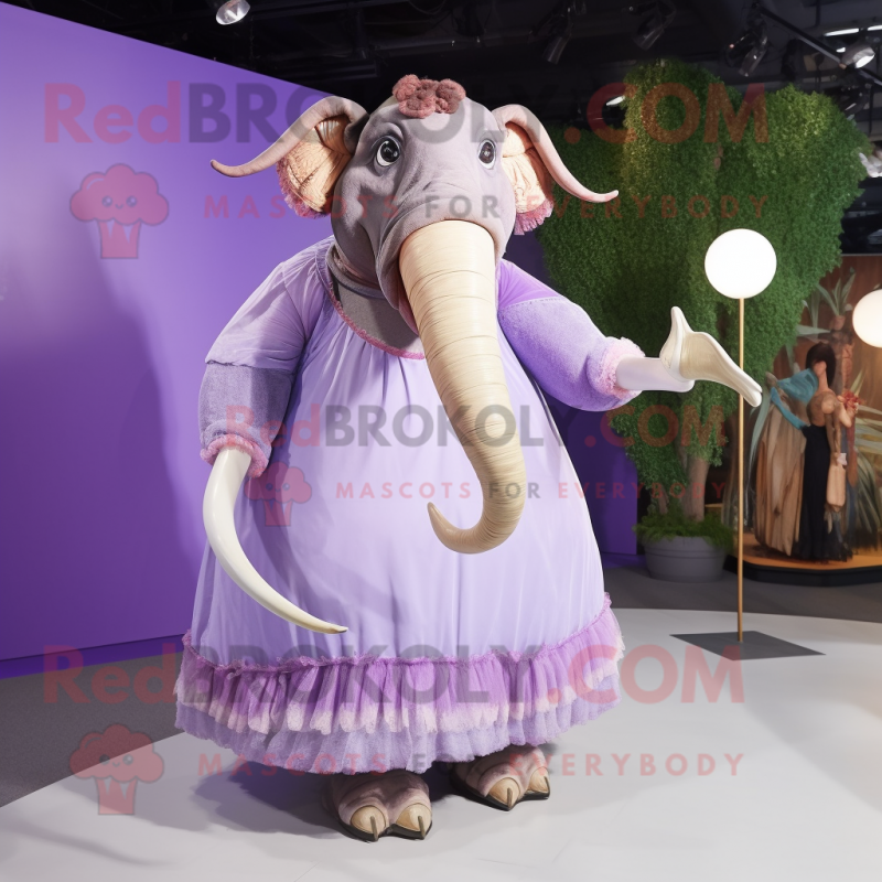 Lavender Mammoth mascot costume character dressed with a Ball Gown and Belts