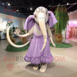 Lavender Mammoth mascot costume character dressed with a Ball Gown and Belts