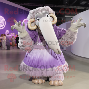 Lavender Mammoth mascot costume character dressed with a Ball Gown and Belts