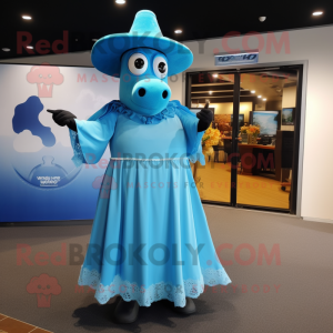 Sky Blue Beef Wellington mascot costume character dressed with a Maxi Dress and Hats