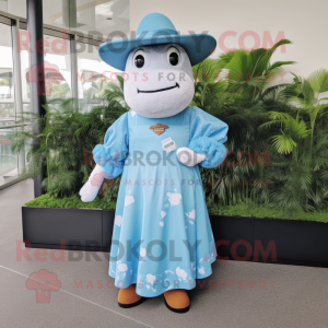 Sky Blue Beef Wellington mascot costume character dressed with a Maxi Dress and Hats