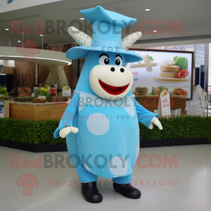Sky Blue Beef Wellington mascot costume character dressed with a Maxi Dress and Hats