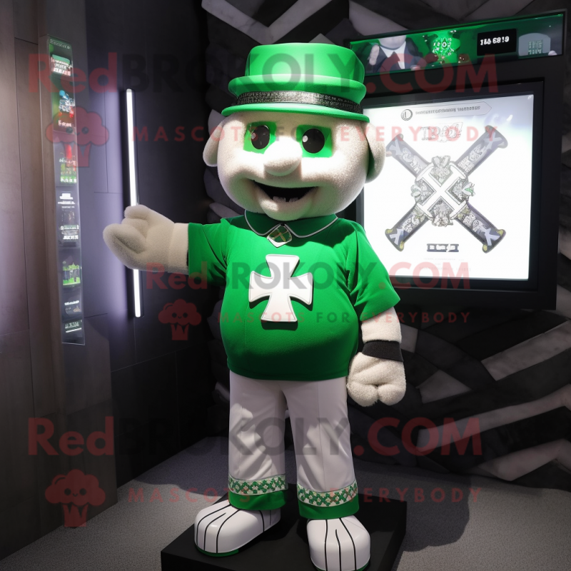 Green Celtic Cross mascot costume character dressed with a Polo Shirt and Digital watches