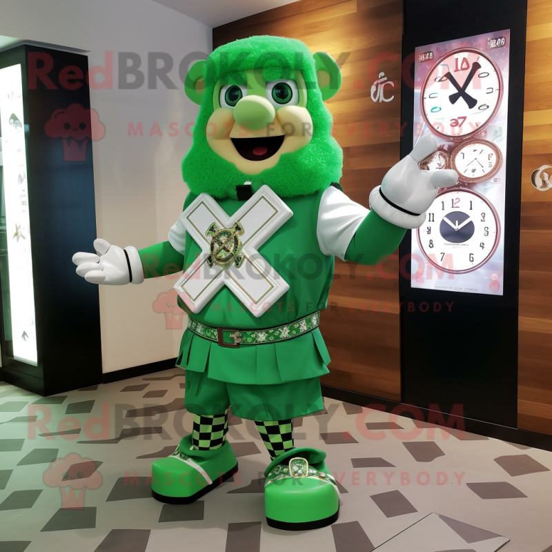 Green Celtic Cross mascot costume character dressed with a Polo Shirt and Digital watches