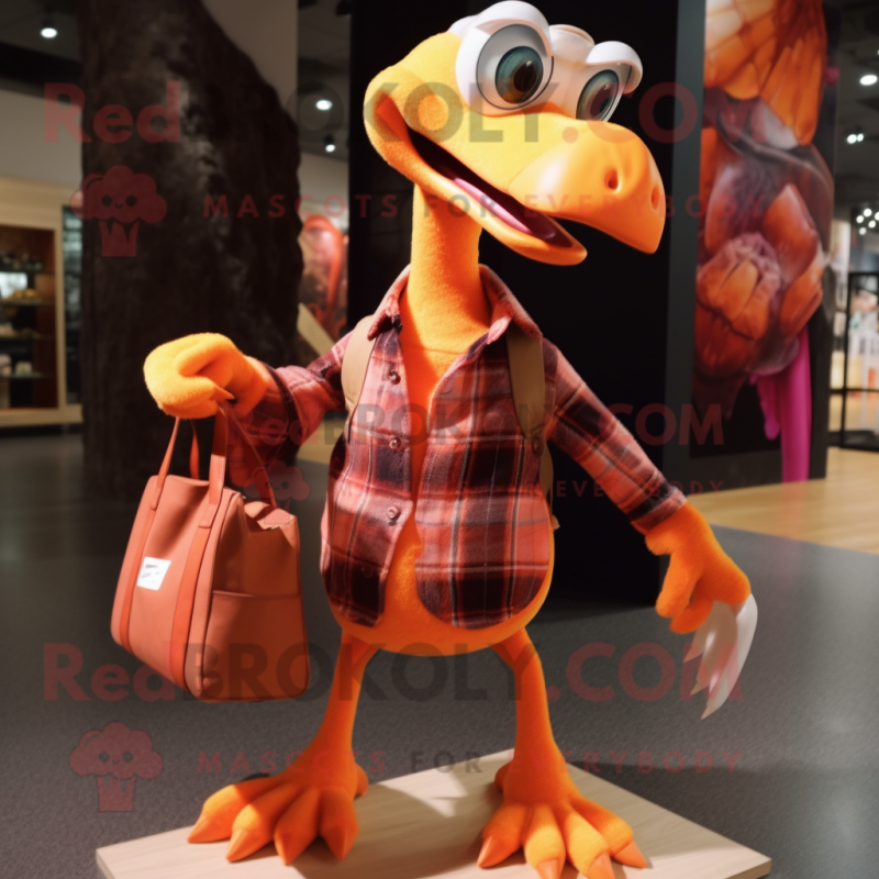 Orange Pterodactyl mascot costume character dressed with a Flannel Shirt and Handbags