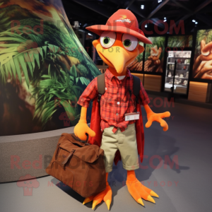 Orange Pterodactyl mascot costume character dressed with a Flannel Shirt and Handbags