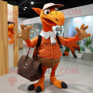 Orange Pterodactyl mascot costume character dressed with a Flannel Shirt and Handbags