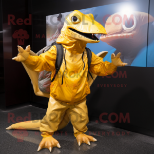 Gold Dimorphodon mascot costume character dressed with a Raincoat and Backpacks