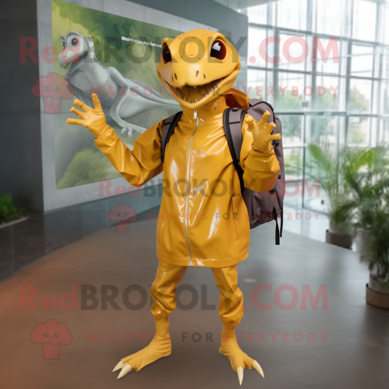 Gold Dimorphodon mascot costume character dressed with a Raincoat and Backpacks