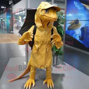 Gold Dimorphodon mascot costume character dressed with a Raincoat and Backpacks