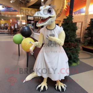 White Utahraptor mascot costume character dressed with a Ball Gown and Hairpins