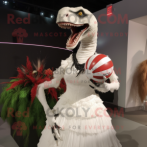 White Utahraptor mascot costume character dressed with a Ball Gown and Hairpins