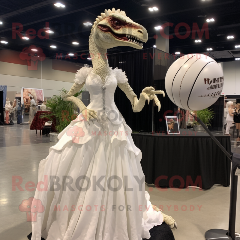 White Utahraptor mascot costume character dressed with a Ball Gown and Hairpins