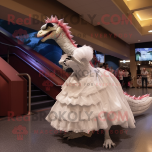 White Utahraptor mascot costume character dressed with a Ball Gown and Hairpins