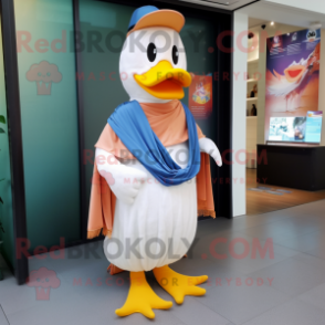 Peach Muscovy Duck mascot costume character dressed with a Flare Jeans and Shawl pins