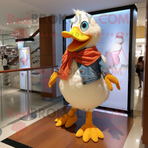 Peach Muscovy Duck mascot costume character dressed with a Flare Jeans and Shawl pins