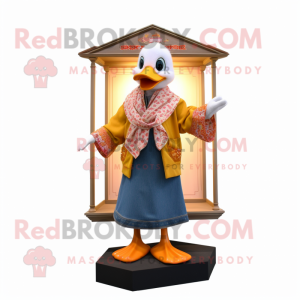 Peach Muscovy Duck mascot costume character dressed with a Flare Jeans and Shawl pins