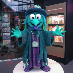 Teal Witch mascot costume character dressed with a Cardigan and Bracelets