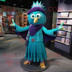 Teal Witch mascot costume character dressed with a Cardigan and Bracelets