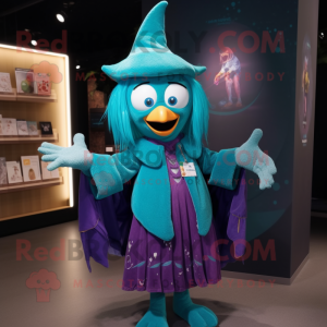 Teal Witch mascot costume character dressed with a Cardigan and Bracelets