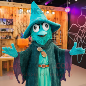 Teal Witch mascot costume character dressed with a Cardigan and Bracelets