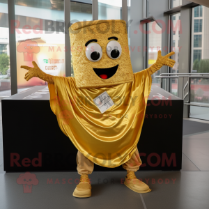 Gold Lasagna mascot costume character dressed with a T-Shirt and Shawl pins