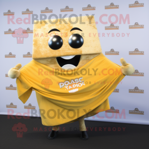 Gold Lasagna mascot costume character dressed with a T-Shirt and Shawl pins