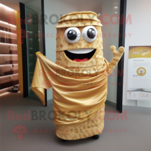 Gold Lasagna mascot costume character dressed with a T-Shirt and Shawl pins