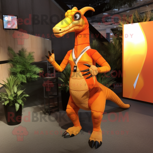 Orange Parasaurolophus mascot costume character dressed with a Bodysuit and Lapel pins