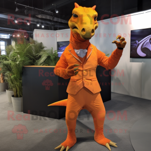 Orange Parasaurolophus mascot costume character dressed with a Bodysuit and Lapel pins