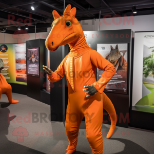 Orange Parasaurolophus mascot costume character dressed with a Bodysuit and Lapel pins