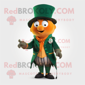 Forest Green Orange mascot costume character dressed with a Waistcoat and Shawl pins