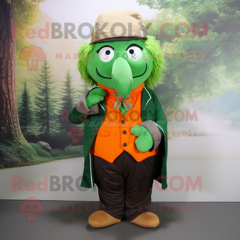 Forest Green Orange mascot costume character dressed with a Waistcoat and Shawl pins