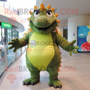 Olive Ankylosaurus mascot costume character dressed with a One-Piece Swimsuit and Earrings
