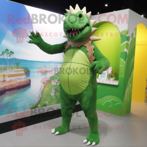 Olive Ankylosaurus mascot costume character dressed with a One-Piece Swimsuit and Earrings