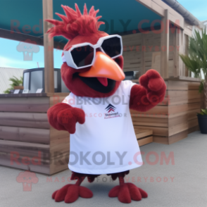 Maroon Roosters mascot costume character dressed with a Capri Pants and Sunglasses