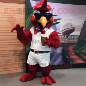 Maroon Roosters mascot costume character dressed with a Capri Pants and Sunglasses