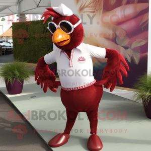 Maroon Roosters mascot costume character dressed with a Capri Pants and Sunglasses