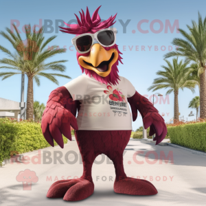 Maroon Roosters mascot costume character dressed with a Capri Pants and Sunglasses