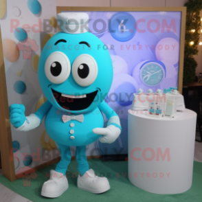 Turquoise Wedding Cake mascot costume character dressed with a Poplin Shirt and Digital watches