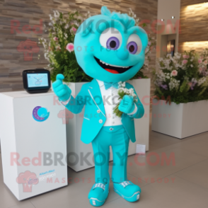 Turquoise Wedding Cake mascot costume character dressed with a Poplin Shirt and Digital watches
