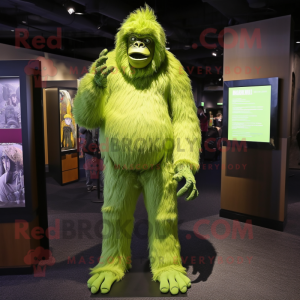 Lime Green Sasquatch mascot costume character dressed with a Suit Pants and Coin purses