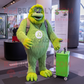 Lime Green Sasquatch mascot costume character dressed with a Suit Pants and Coin purses