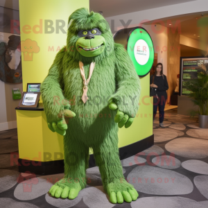 Lime Green Sasquatch mascot costume character dressed with a Suit Pants and Coin purses