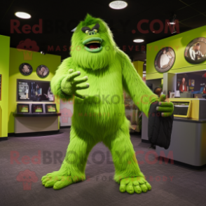 Lime Green Sasquatch mascot costume character dressed with a Suit Pants and Coin purses