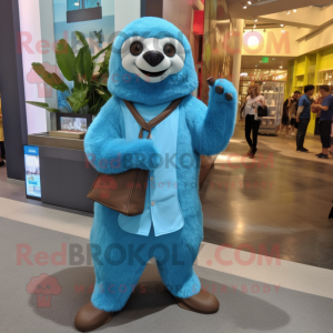 Sky Blue Sloth mascot costume character dressed with a Empire Waist Dress and Wallets